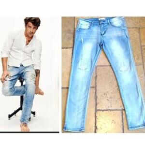 Blue Cult Ombre Fade Jeans W34 x L44 Lt Medium Blue Distress Patchwork Straight